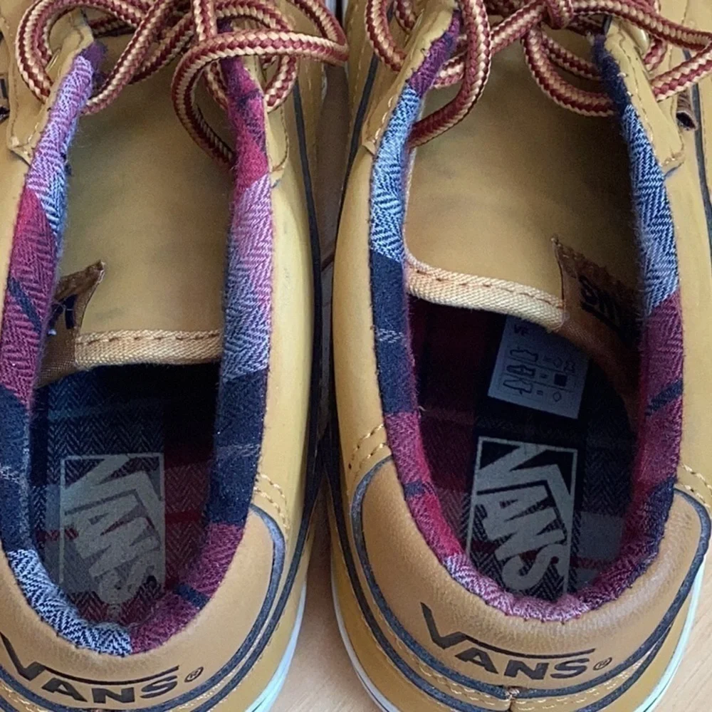 Vans youth mustard yellow with red plaid interior shoes. Size 4.5